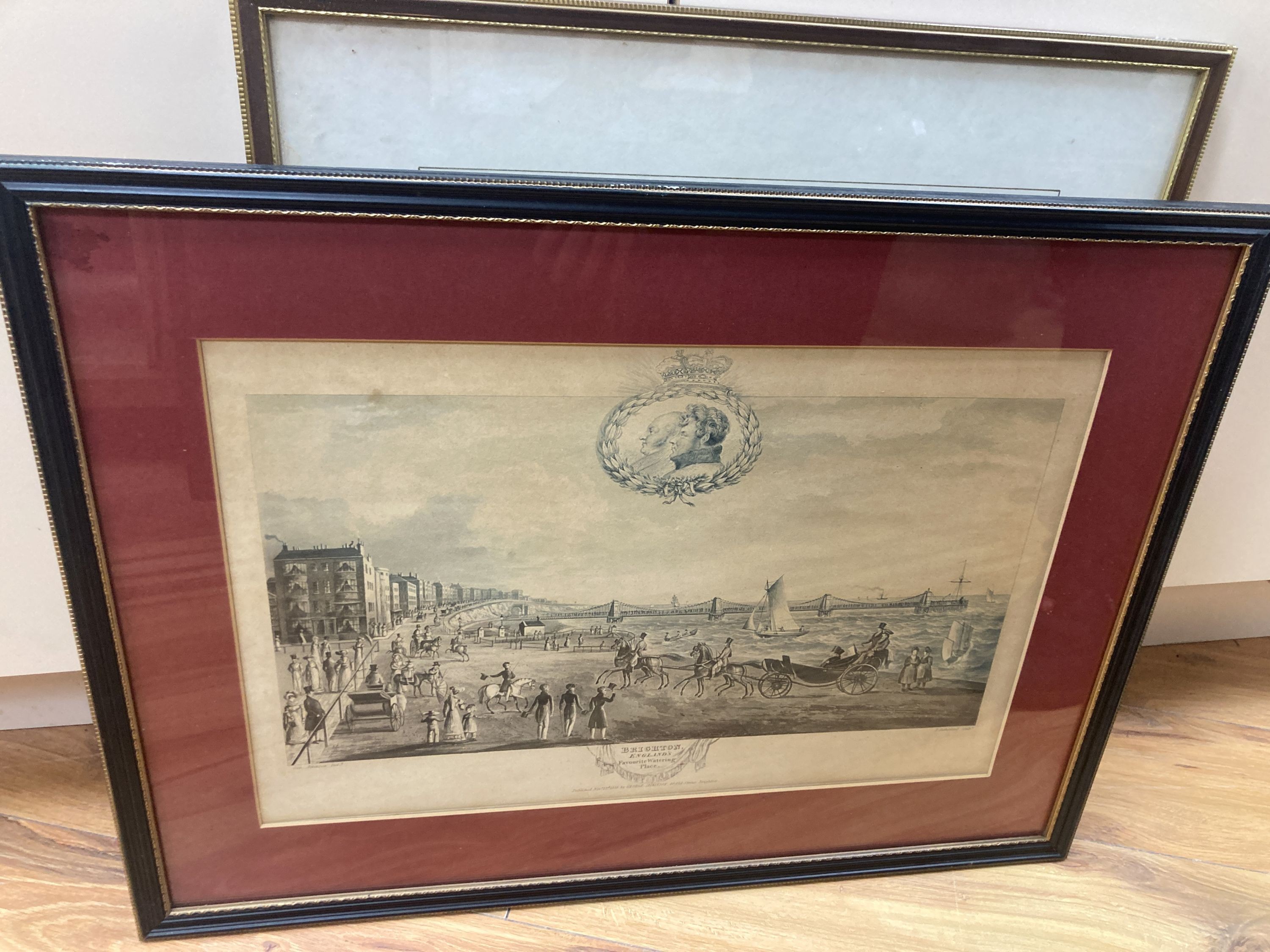 A collection of assorted engravings, aquatints and other prints of Brighton, largest 30 x 47cm. (16).